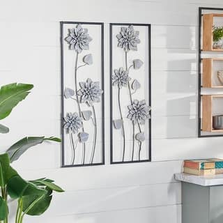 Gray Metal Floral Home Wall Decor with Black Frame (Set of 2)