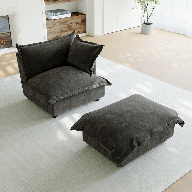 Casual 40"W Oversized Soft Comfy Cloud Chenille Chaise Lounge with Ottoman - Right Facing - Dark Grey