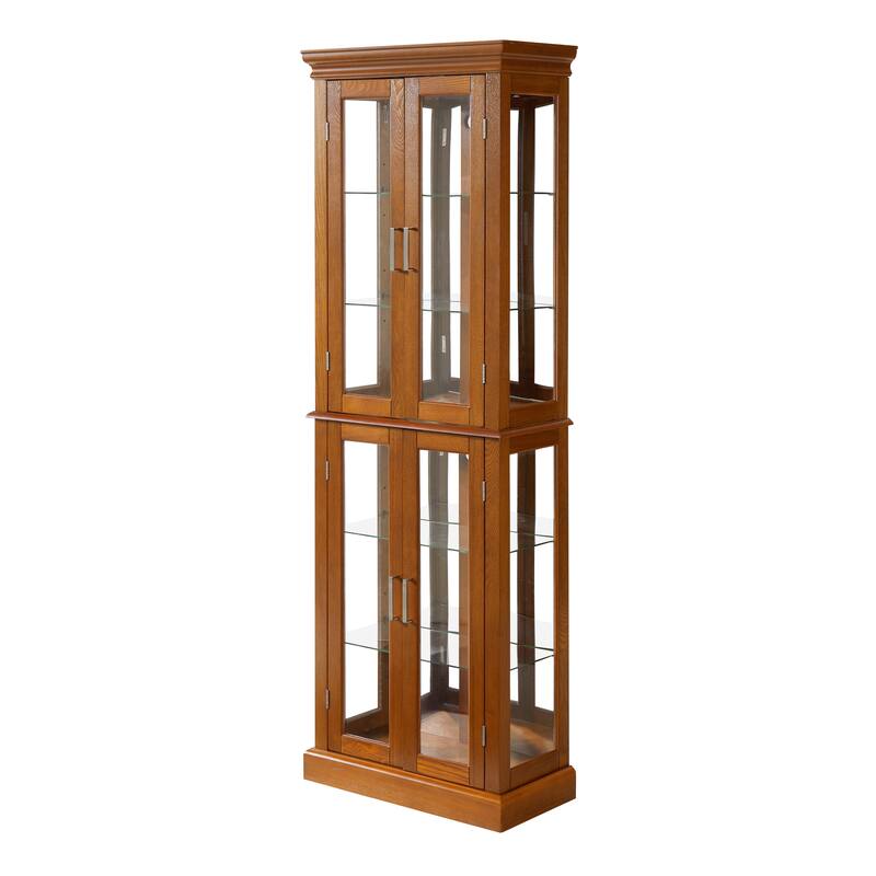 Lighted Curio Display Cabinet with Tempered Glass Doors, Curio Cabinet with Adjustable Shelves & Mirrored Back Panel