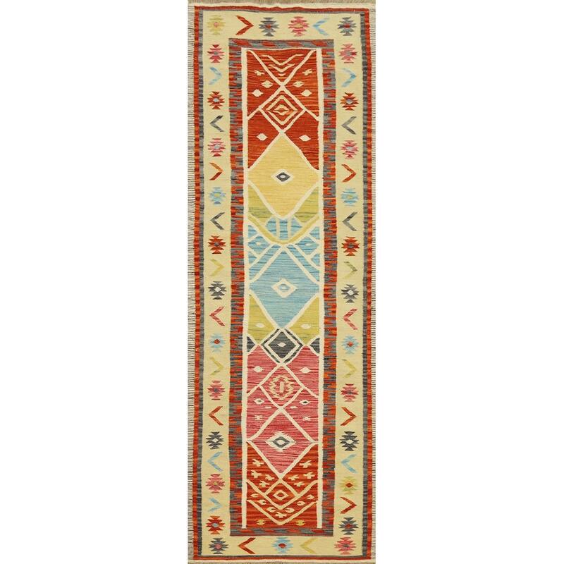 Hand Woven Oriental 100% Wool Carpet Southwestern Tribal Multi-Colored Kilim Runner Rug - 9' 7'' X 2' 6''