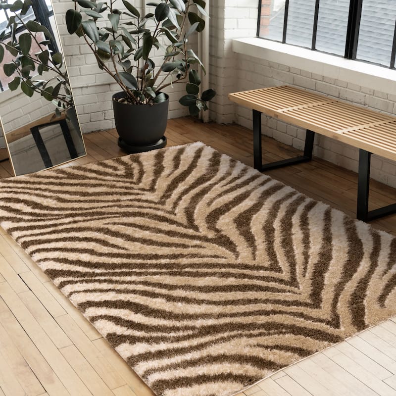Beige Brown White Zebra Print Soft Shag Rug