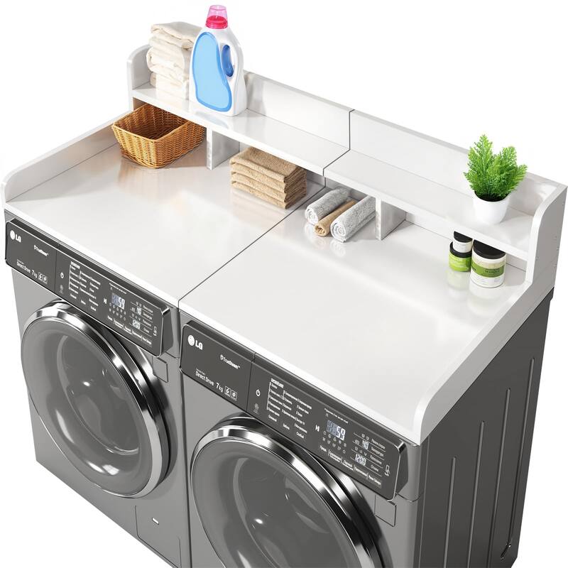 Washer Dryer Countertop, Laundry Wood Shelf Topper with Edge, 54" Width x 27.5" Depth Double Layer Organizer - White