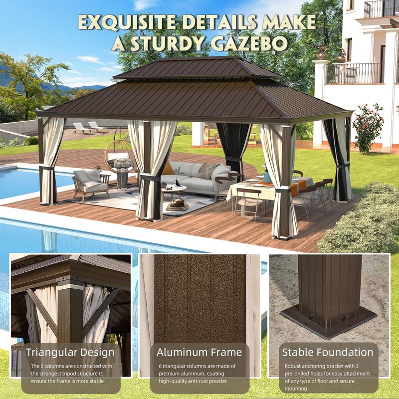 EROMMY Hardtop Gazebo W/Steel Double Roof, Anti-Rust Coating Aluminum Frame Permanent, Hard Top Gazebo for Garden Lawn Parties