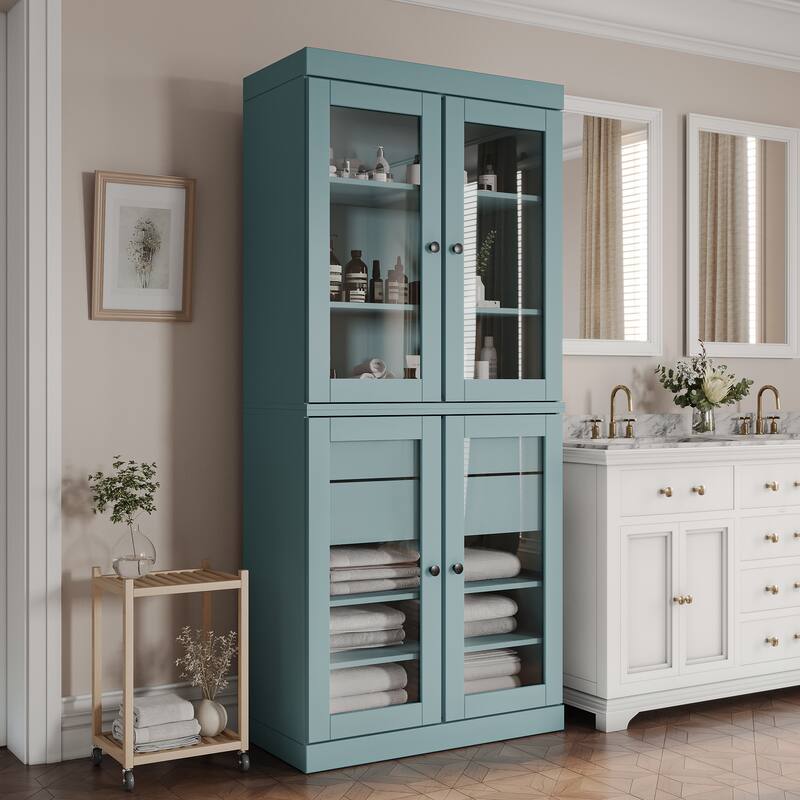 Palace Imports 100% Solid Wood Bathroom Storage Cabinet, Clear Glass Doors, 2 Drawers, Adjustable Shelves, 32" Wide, 71.5" Tall