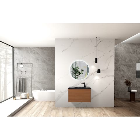 Bergen Contemporary Wall Hung Bathroom Vanity Set with Black Quartz Sand Integrated Single Sink