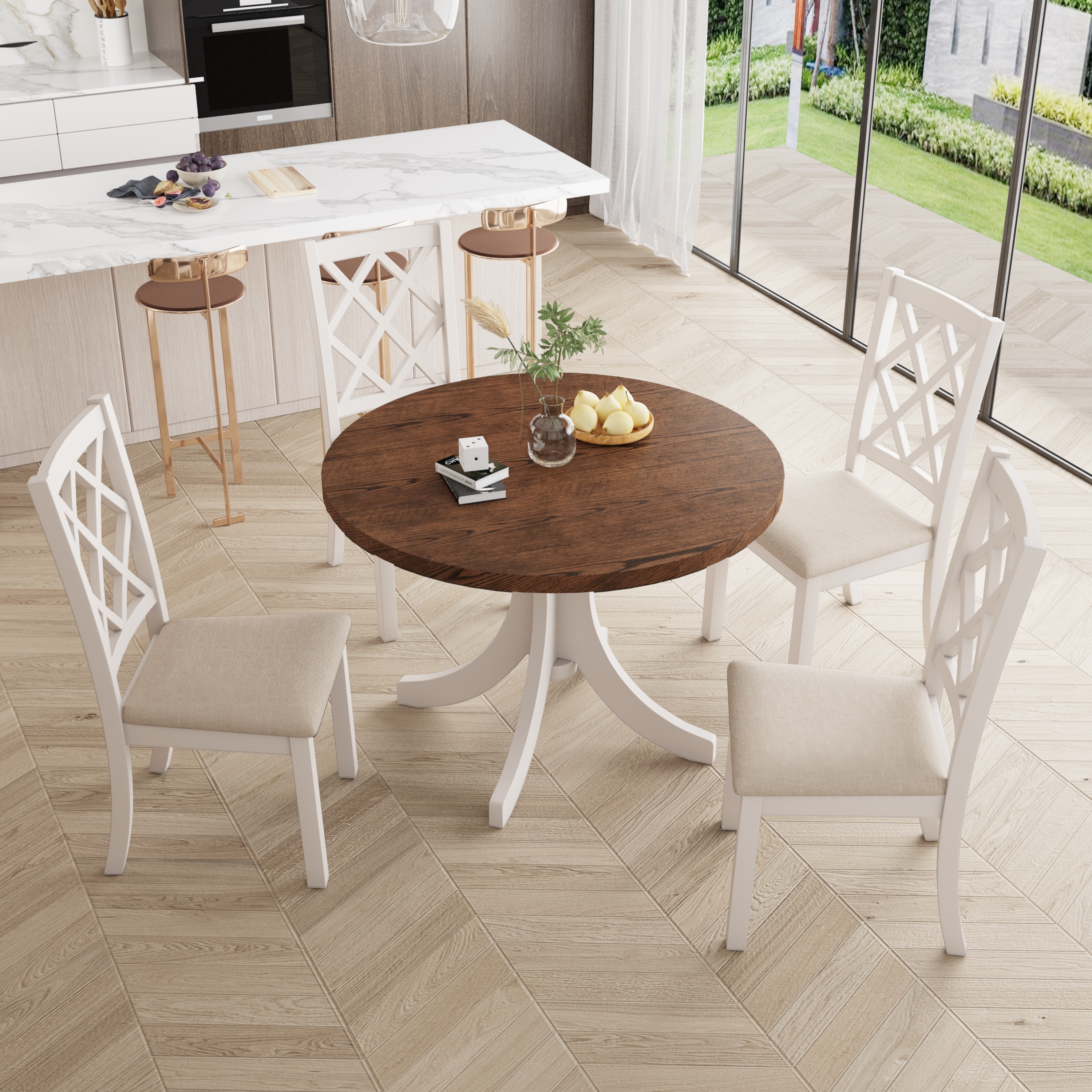 Round solid wood top dining table set