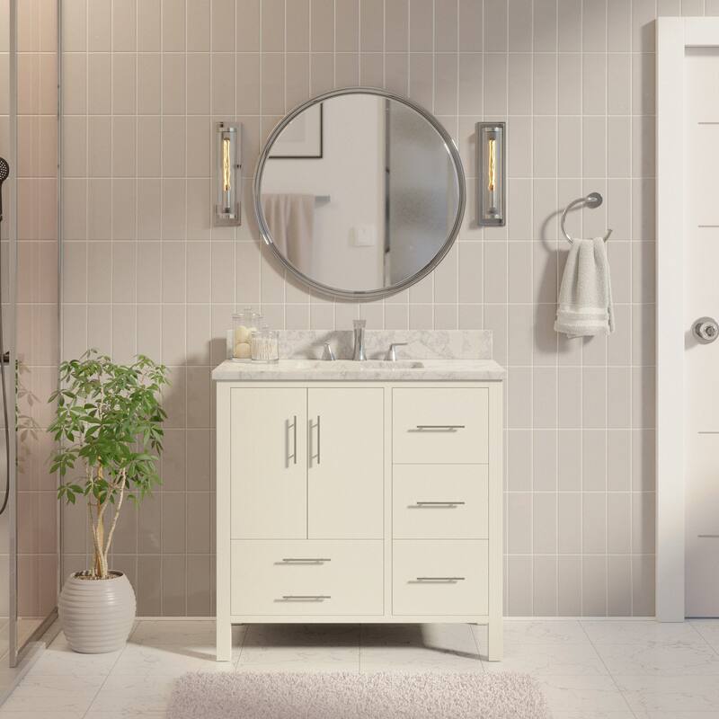 KitchenBathCollection California 36" Bathroom Vanity with Carrara Marble Top - White