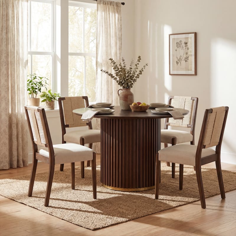 Christopher Knight Home - Modern 5 Piece Wooden Dining Set with Woven Back Upholstered Chairs - 4 chairs + 1 table - Beige,Walnut