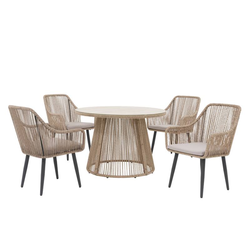 5 Pieces Outdoor PE Rattan Patio Dining Set with Round Tempered Glass Table