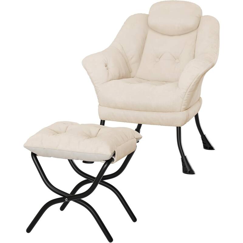 Lazy Chair, Ergonomic Reading Armchair Foldable Footrest, Modern Lounge Chair Removable Washable Cover - Beige