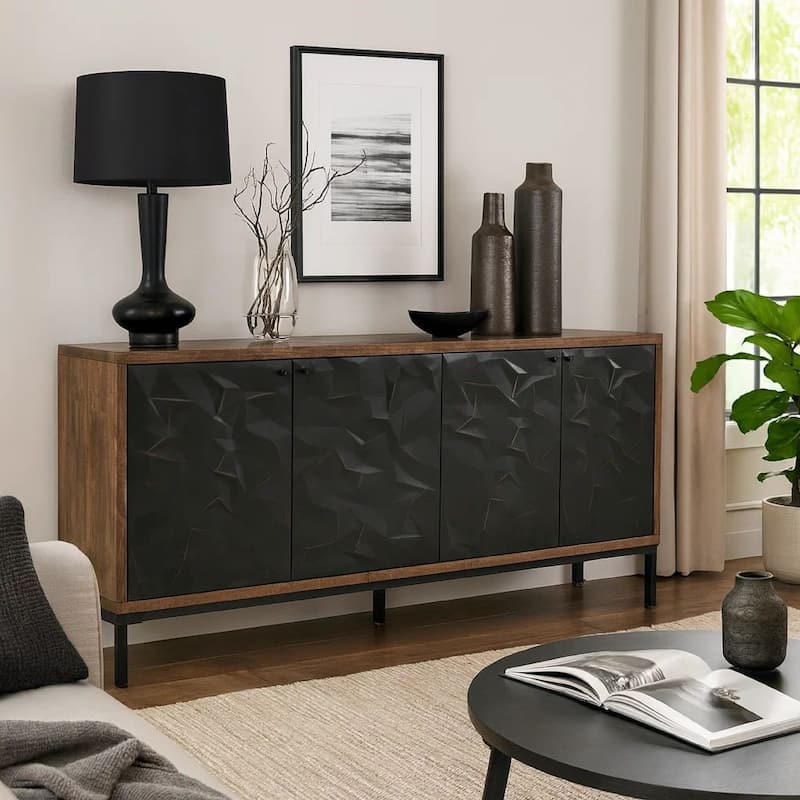 Anby Sideboard Console, 4 Doors, 2 Shelves, Black, Brown Wood 70 Inch