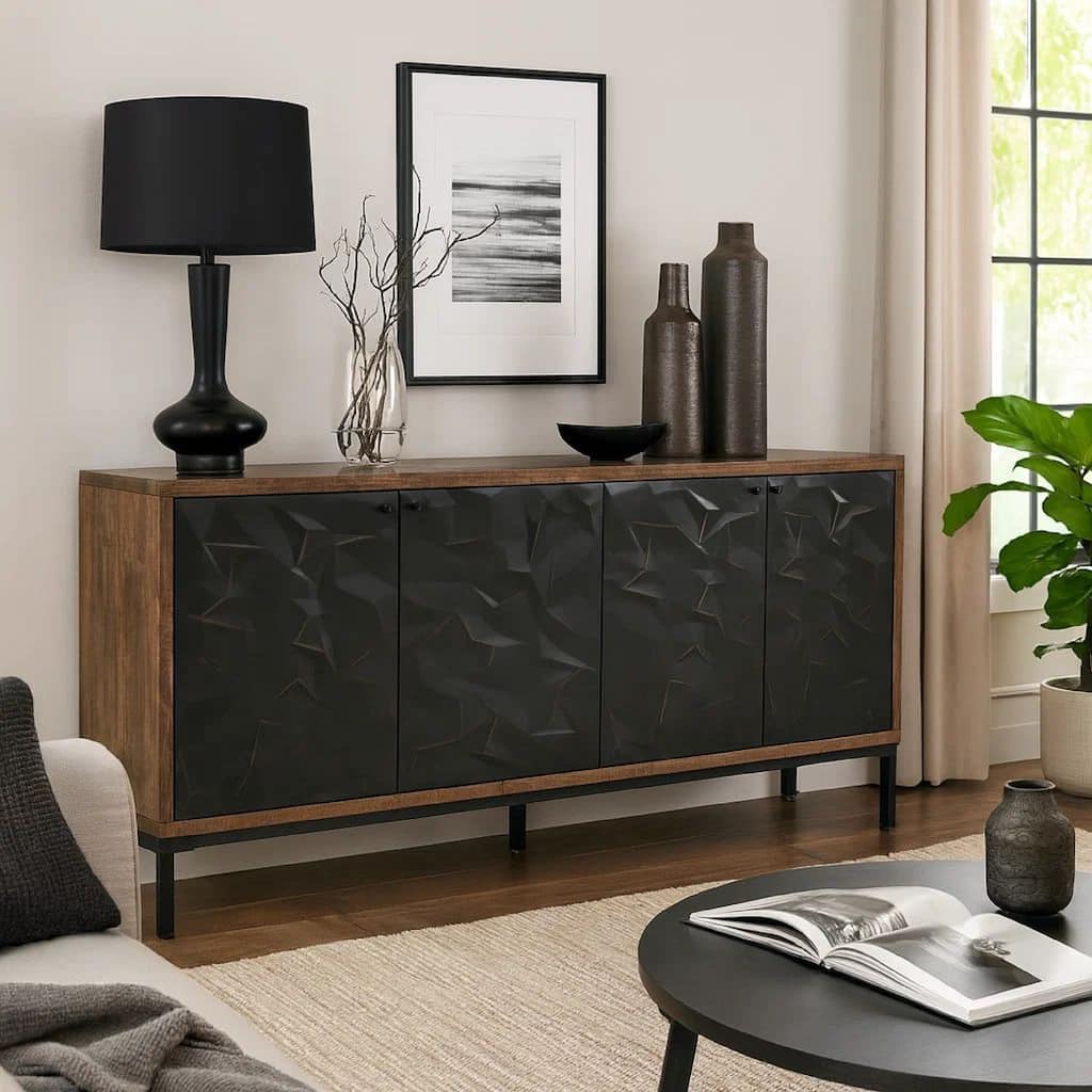 Anby Sideboard Console, 4 Doors, 2 Shelves, Black, Brown Wood 70 Inch