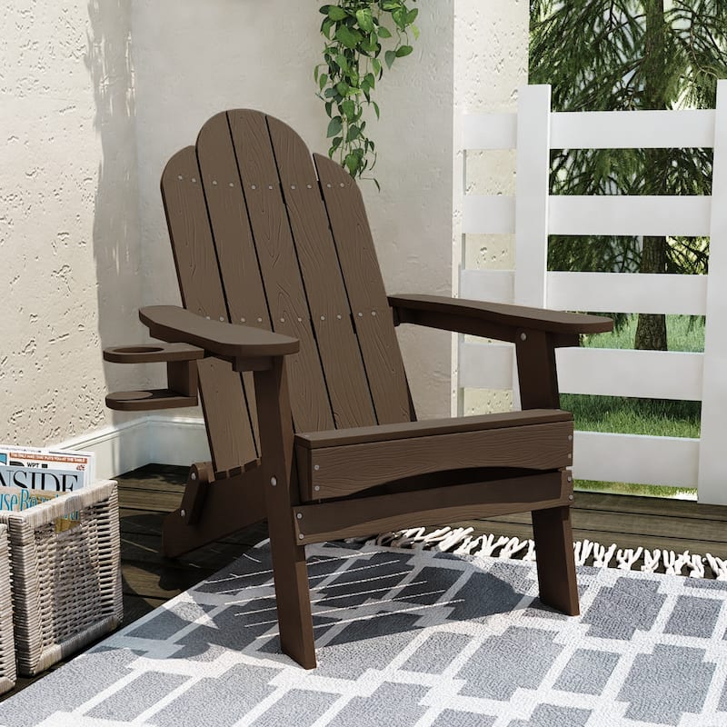Eco-Friendly Patio Folding HDPS Plastic Outdoor Adirondack Chairs With Cup Holder - 35"D x 30"W x 36.2"H - Dark Brown