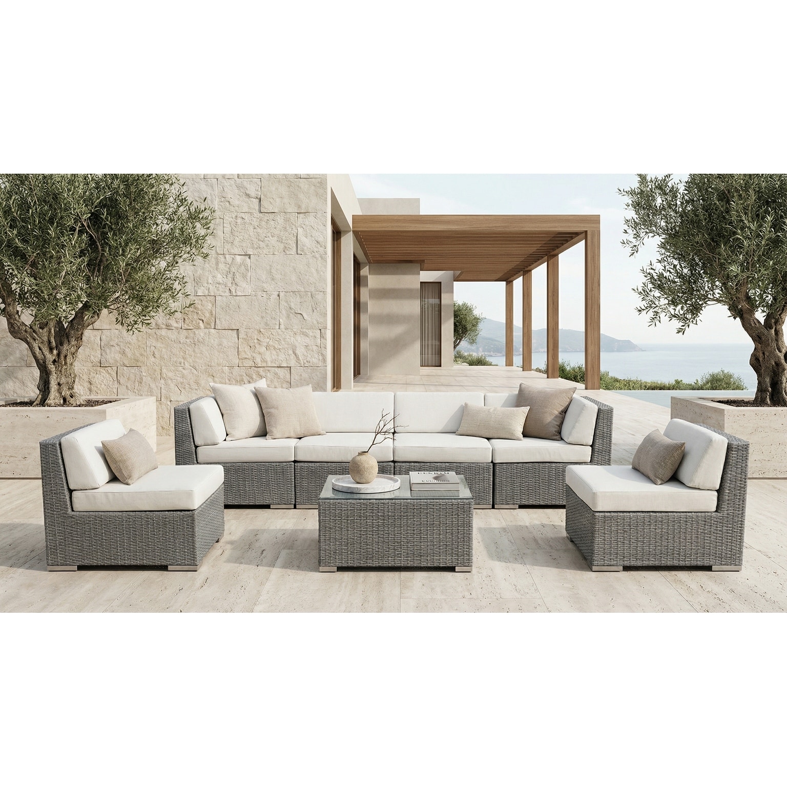 Ohana Outdoor Patio 7 Piece Gray Wicker Sectional with Cushions - No Assembly