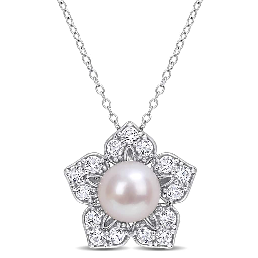 Miadora 8-9mm White Cultured Freshwater Pearl and 1 1/3ct TGW Created White Sapphire Flower Sterling Silver