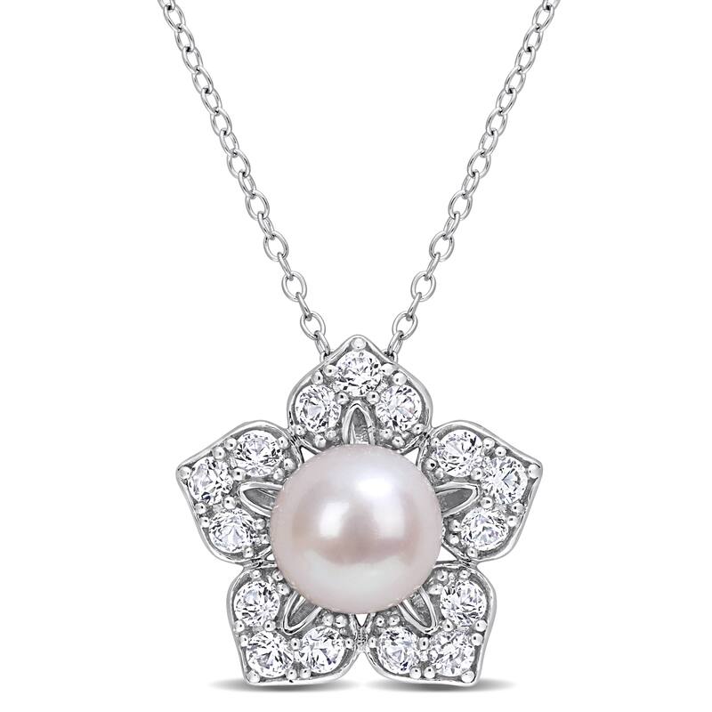 Miadora Cultured FW Pearl and Created White Sapphire Floral Necklace in Sterling Silver (8.5-9mm)