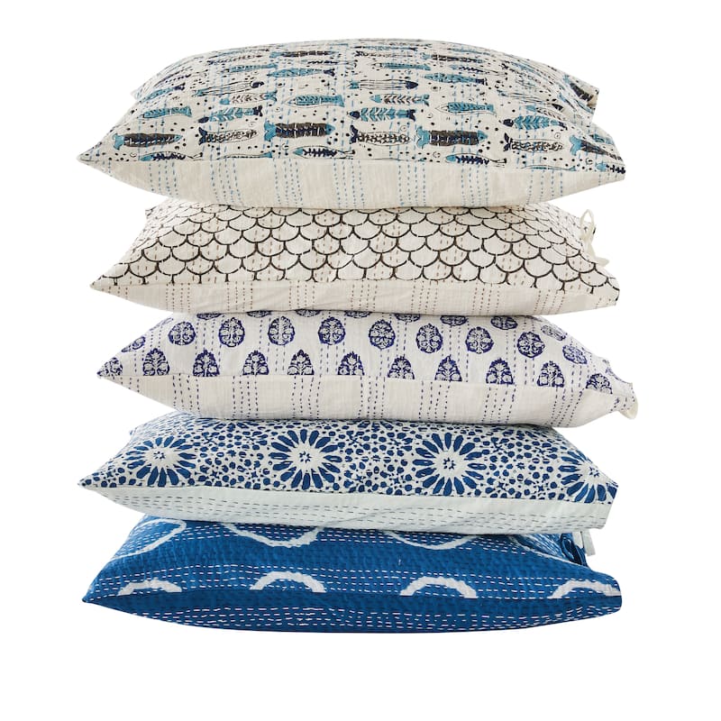 Melange Hand Stitched Kantha Block Print Pillow Sham Pair