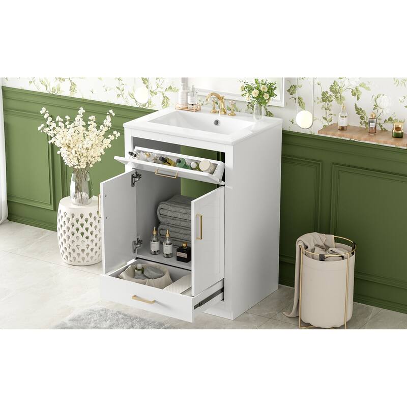 Roomfitters 24 Inch Bathroom Vanity with Integrated Ceramic Sink, Storage Cabinet & Tilt-Down Compartment