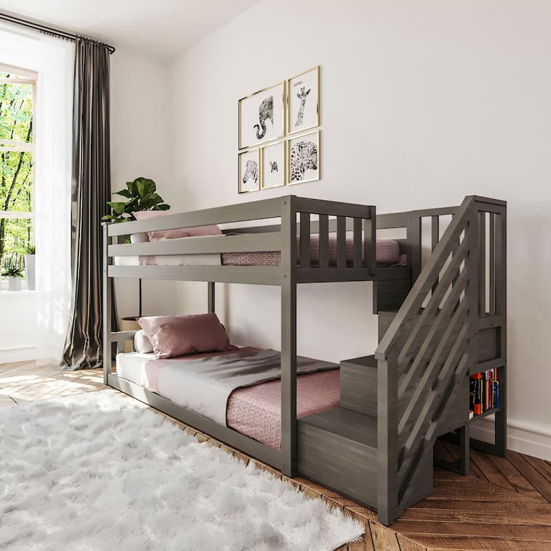 Max and Lily Twin over Twin Low Bunk Bed with Staircase - Clay