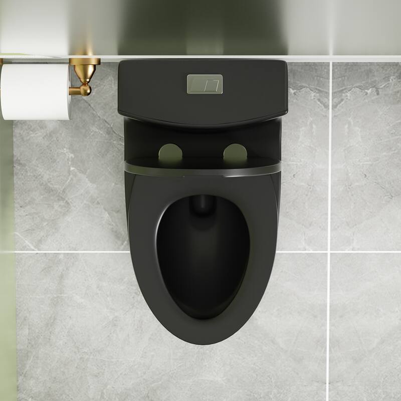 1.1/1.6 GPF Tornado Flush One-Piece Toilet Elongated, Siphonic S-trap 12",Soft Closing Seat, Button on Tank top - Matte Black