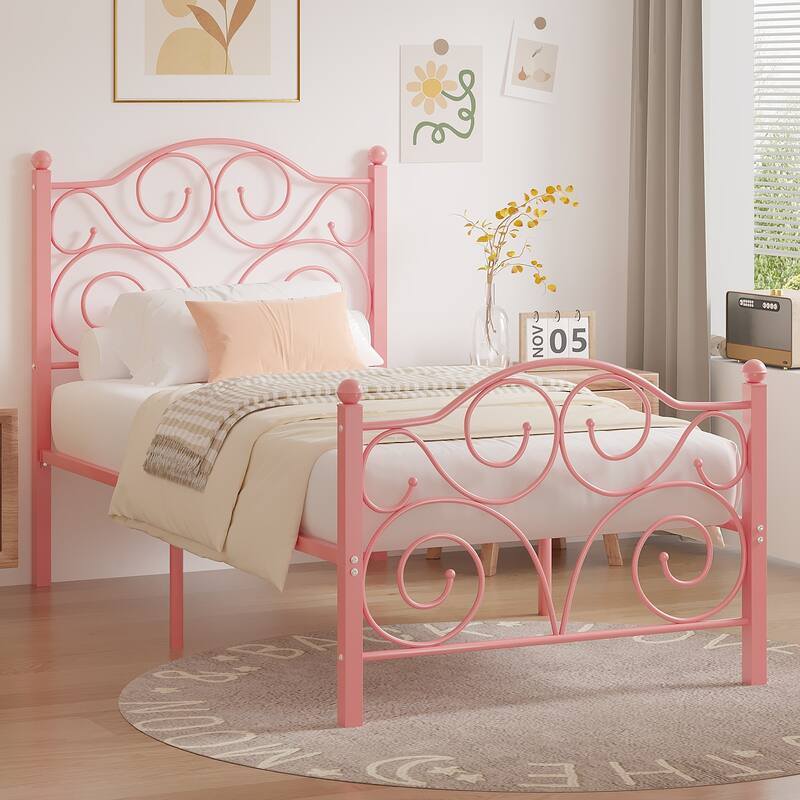 VECELO Twin Size Bed Frame with Headboard and Footboard, Heavy Duty Metal Slat Support