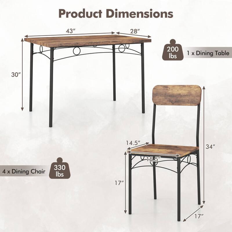 Costway 5 PCS Industrial Kitchen Dining Room Furniture with Wood