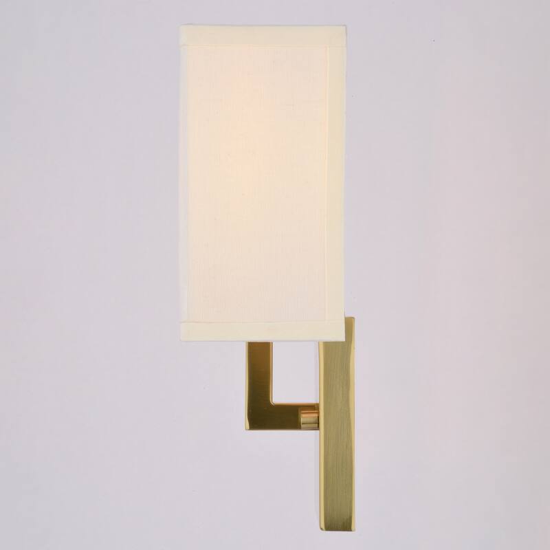 VAXCEL Glenview Satin Brass Gold Contemporary Wall Sconce, White Linen Fabric Shade, Bathroom Vanity Lighting Fixture