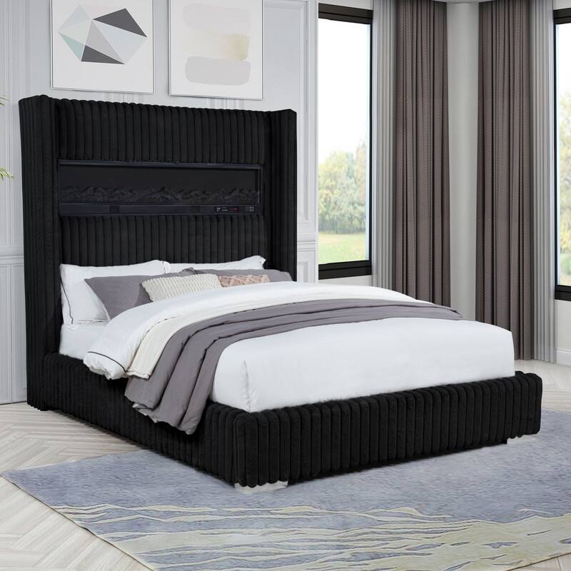 Best Master Furniture Noemie Luxe Modern Upholstered Velvet Panel Bed with Integrated Fireplace Display - Black - California King