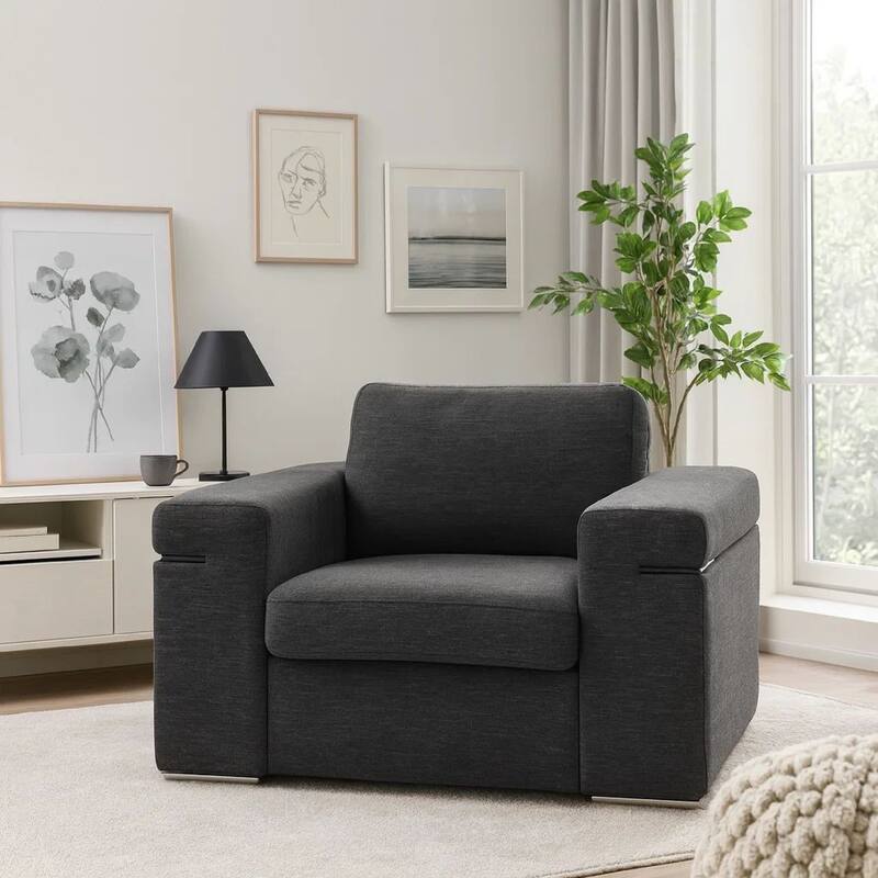 Aria 45 Inch Armchair, European Design, Stainless Steel, Soft Black Fabric