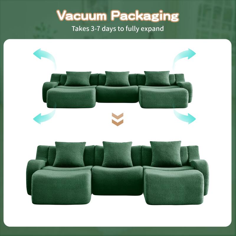 Sectional Couches for Living Room U-Shaped Boneless Couch, 3-Seat Sofa with Movable Ottoman, Floor Modular Teddy Fabric Sofa