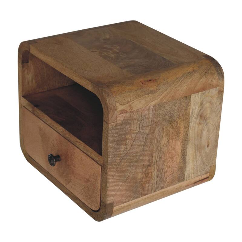 Artisan Furniture Solid Wood Extra Mini Wall Mounted Curved Oak-ish Bedside with Open Slot, Light brown, 1 Drawer ,1 Shelf