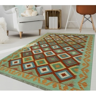 Hand-Woven Sangat Kilim Russell Green/Red Rug - 4'1