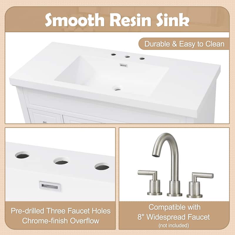 48" Bathroom Vanity-Classic- Pine Legs-Resin Sink with Soft-Close Drawers & Double Doors.
