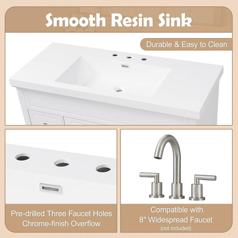 Roomfitters 48" Bathroom Vanity with Integrated Resin Sink, 6 Soft-Close Drawers and Double Doors with 2-Tier Shelving, White