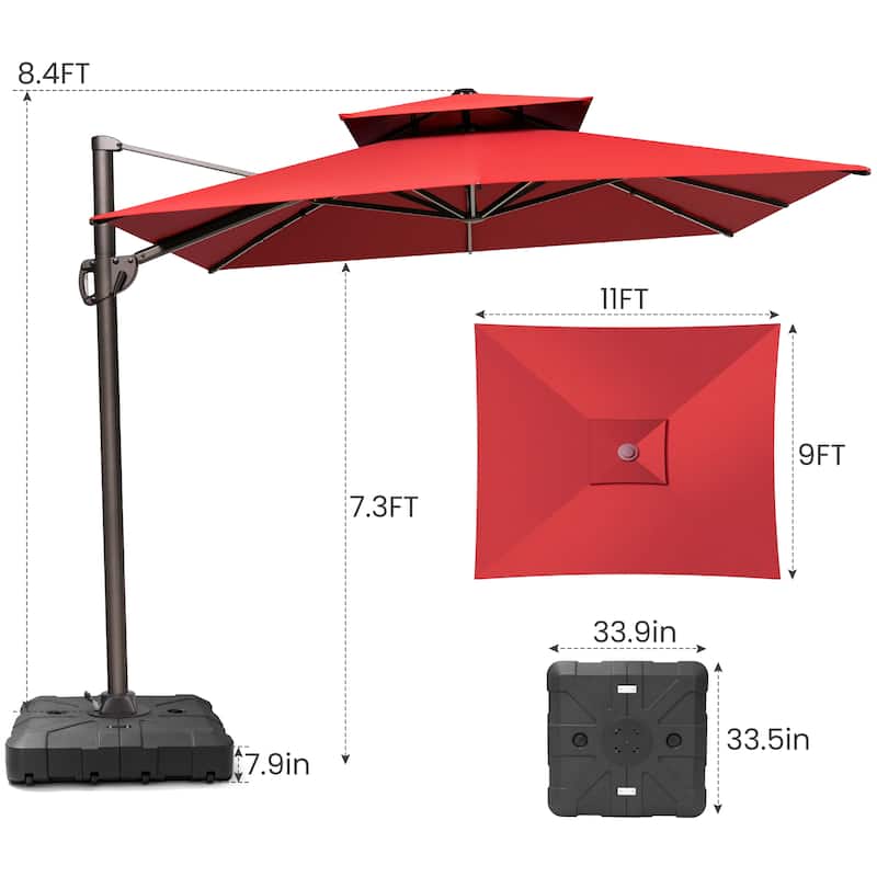 Outdoor 9 x 11 ft Double Top Patio Cantilever Umbrella with Base