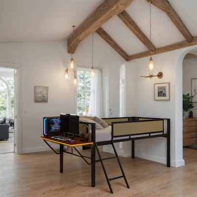 Twin Size Metal LED Loft Bed with Rectangular Desk and Storage Shelves