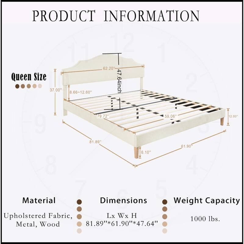 Linen Fabric Padded Platform Bed with Adjustable Headboard