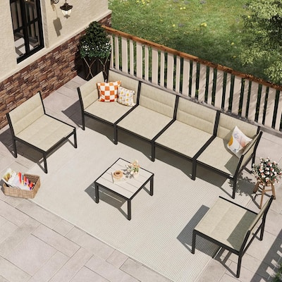 AECOJOY 7 Pieces Cotton-Filled Textilene Fabric Outdoor Conversation Sets with Coffee Table, Patio Sectional Furniture Set