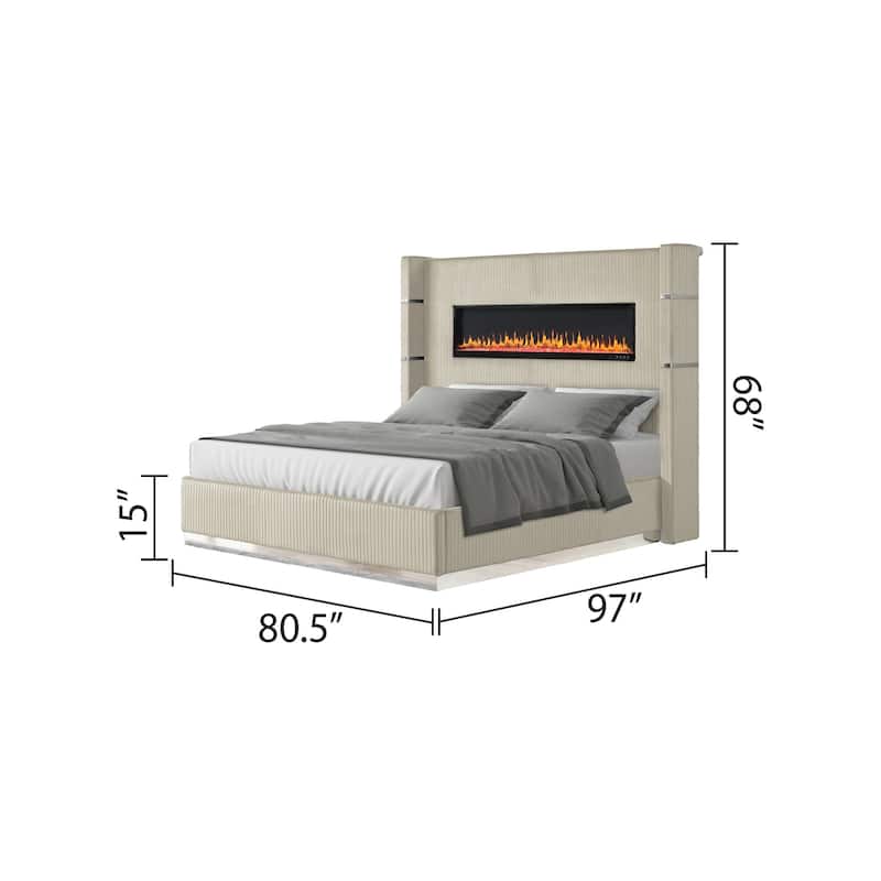 Lizelle Modern Style Queen/King Upholstered Bed with USB Ports, Fireplace Headboard & Made with Wood