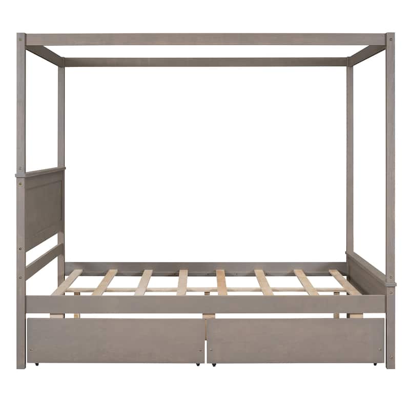Full Size Wood Canopy Bed with 2 Drawers - Modern Design for Stylish Bedrooms, Brushed White/Brown/Grey