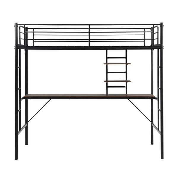 slide 2 of 7, Twin Metal Loft Bed with Desk, Shelves, Ladders & Safety Barriers Black - Twin