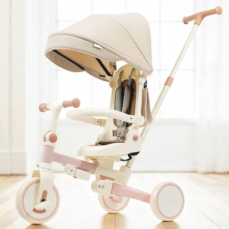 7-in-1 Baby Tricycle for Toddlers Ages 1-6, Foldable Push Trike with Parent Handle, Canopy, Guardrail & Pedals - Pink
