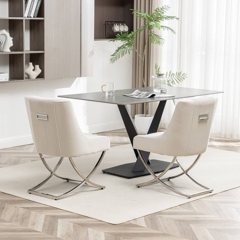 Modern Contempoary Velvet Dining Chair Set of 2 with Metal Frame Legs and Back Pull