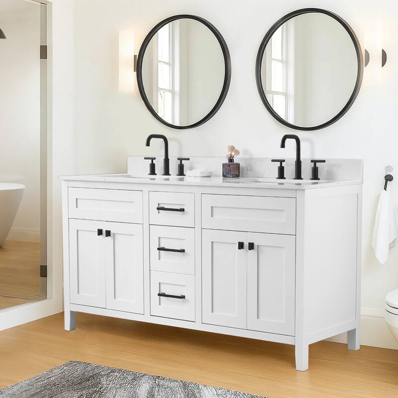 60" inch Freestanding Bathroom Vanity with Classical White Quartz Counter Top Ceramic Rectangular Sink