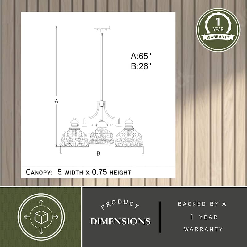 Beloit 3 Light Satin Nickel Farmhouse Chandelier Clear Glass - 26-in W x 20-in H x 26-in D