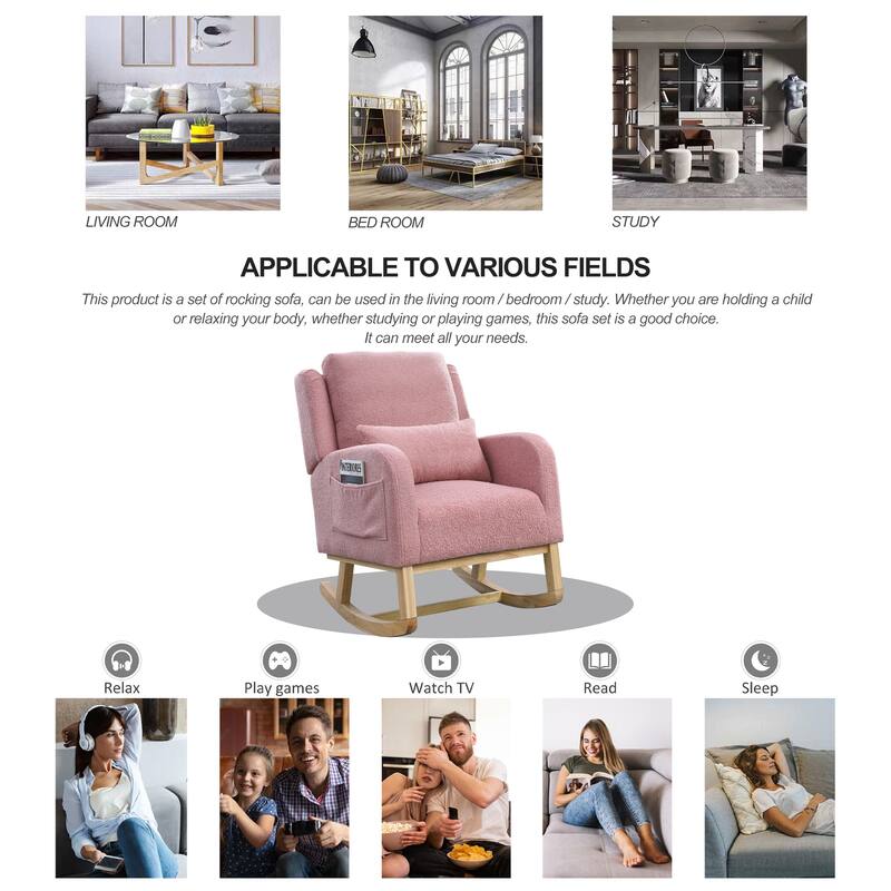 Modern 27.5" High Back Upholstered Rocking Chair with Lumbar Pillow and Two Side Pockets