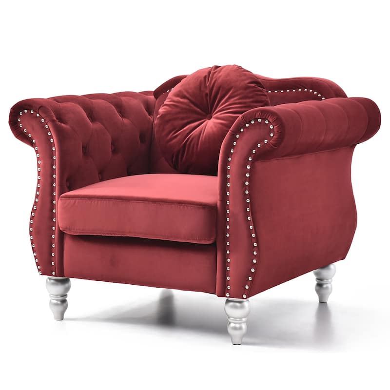 Solid Velvet Accent Chair with Tufted Round Pillow - 39" - Red
