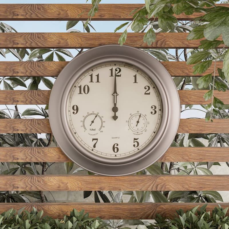 Indoor Outdoor Clock Thermometer Combo - 18-Inch Waterproof Outdoor Wall Clock with Temperature and Humidity by Nature Spring