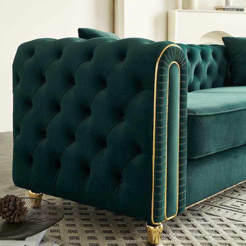 86'' Luxury Modern Tufted Green Velvet Sofa with 2 Toss Pillows