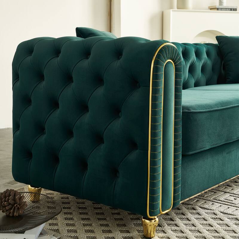Green Accent Couch 3-Seater Sofa Couch with Pillows, Vintage Settee Lounge Sofa Couch for Living Room